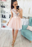 Appliques Cap Sleeve Pearl Pink Tulle Short Homecoming Dress HZ0527