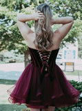 Burgundy Short Tulle Sweetheart A Line Mini Cocktail Party Dress,Cheap Homecoming Dresses HZ0527