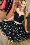 Black Two Piece Off Shoulder A Line Homecoming Dresses with Flowers HZ0527