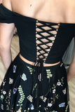 Black Two Piece Off Shoulder A Line Homecoming Dresses with Flowers HZ0527