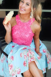 Light Blue Short Homecoming Dress with Lace Top, Graduation Dresses HZ0527