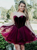Burgundy Short Tulle Sweetheart A Line Mini Cocktail Party Dress,Cheap Homecoming Dresses HZ0527