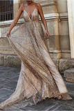 Promfast Sparkle Backless Plunging Neckline Sequin Long Prom Evening Dress HZ0527