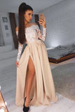 A-Line Off-the-Shoulder Long Sleeves Prom Dress with Lace Appliques Split HZ0527
