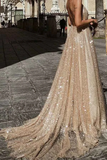 Promfast Sparkle Backless Plunging Neckline Sequin Long Prom Evening Dress HZ0527