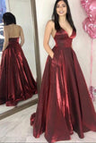 Simple A-Line Spaghetti Straps Floor-Length Burgundy Prom Dress with Pockets HZ0527