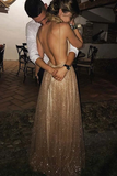 Promfast Sparkle Backless Plunging Neckline Sequin Long Prom Evening Dress HZ0527