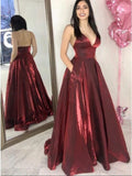 Simple A-Line Spaghetti Straps Floor-Length Burgundy Prom Dress with Pockets HZ0527