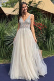A-Line V-Neck Backless Floor-Length Ivory Tulle Prom Dress with Beading HZ0527
