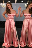 A-Line Spaghetti Straps Sweep Train Pink Prom Dress with Split HZ0527