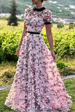 Floral Long Short Sleeves Cheap Prom Dresses with Appliques HZ0527