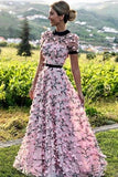 Floral Long Short Sleeves Cheap Prom Dresses with Appliques HZ0527
