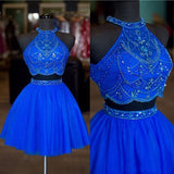 Halter Two Pieces Beaded Royal Blue A-line Tulle Mini Short Homecoming Dresses HZ0527