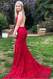 Red Lace Spaghetti Strap Backless Prom Dresses, Mermaid Prom Dress HZ0527