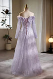 Beautiful Off The Shoulder Feather Appliqu¨¦ Light Purple Long Prom Dresses HZ0527