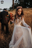 Promfast Polka Dot Long Sleeve Boho Wedding Dresses Lace Bohemian Backless Wedding Gown HZ0527