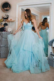 Light Blue Backless Prom Gown Spaghetti-straps Tulle Tiered Dance Dress HZ0527