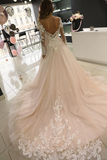 Promfast Long sleeve wedding dress Open back Sequins tulle A line wedding dress HZ0527