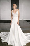 Elegant A-Line V Neck Spaghetti Straps Wedding Dresses with Lace HZ0527