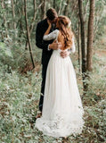 A-Line V-Neck Half Sleeves Backless Tulle Wedding Dresses with Lace Top HZ0527