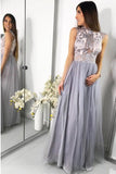 A-Line Jewel Floor-Length Tulle Prom Dress with Lace Appliques HZ0527