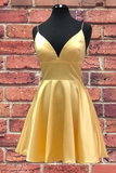 Promfast Yellow V Neck Satin Straps Homecoming Dresses Short Prom Dress HZ0527