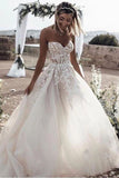 A Line Sweetheart Long Cheap Tulle Wedding Dresses with Lace Appliques HZ0527