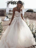 A Line Sweetheart Long Cheap Tulle Wedding Dresses with Lace Appliques HZ0527