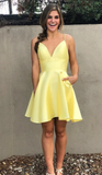 Promfast Yellow V Neck Satin Straps Homecoming Dresses Short Prom Dress HZ0527