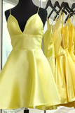 Promfast Yellow V Neck Satin Straps Homecoming Dresses Short Prom Dress HZ0527