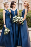 Simple A-Line Satin Navy Blue Bridesmaid Dress with Illusion V Inset HZ0527
