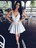 V Neck Short A Line Prom Dress,Sleeveless Lace Appliques Cheap Homecoming Dress HZ0527