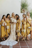 Elegant Cild Shoulder Tea Length Gold Bridesmaid Dress with Ruffles HZ0527