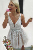 Cheap A-Line V-Neck Short Homecoming Dress with Beading Appliques HZ0527
