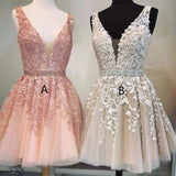 Cheap A-Line V-Neck Short Homecoming Dress with Beading Appliques HZ0527