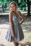A-Line Straps Above-Knee Gray Homecoming Dress with Appliques HZ0527