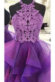 A Line Halter Purple Homecoming Dresses, Short Prom Dress With Lace HZ0527