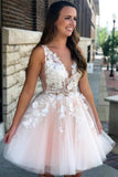 See Through Lace Appliqued Homecoming Dresses V Neck Short Hoco Dress HZ0527