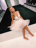 See Through Lace Appliqued Homecoming Dresses V Neck Short Hoco Dress HZ0527