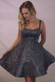 Cheap Spaghetti Strap Dark Grey Sparkly Homecoming Dresses with Pocket HZ0527