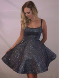 Cheap Spaghetti Strap Dark Grey Sparkly Homecoming Dresses with Pocket HZ0527