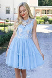 Elegant Jewel Short Cheap Light Blue Tulle Homecoming Party Dresses with Lace HZ0527