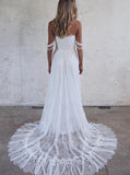 A-Line Off-the-Shoulder Lace White Beach Wedding Dress with Appliques HZ0527