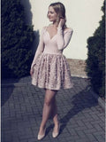A-line Nude Long Sleeve Short Homecoming Party Dress with Flowers HZ0527