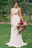 Gold Sequin Chiffon Backless Simple Beach Wedding Dresses with Sash HZ0527