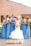 A-Line One-Shoulder Floor-Length Blue Ruched Chiffon Bridesmaid Dress HZ0527