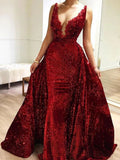 Burgundy Sequins Long V Neck Prom Dresses Lace Evening Dresses HZ0527