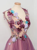Tulle Flower A Line Prom Dresses Scoop neck Appliqued Party Dress HZ0527