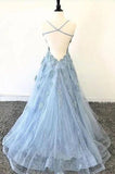 Lace Appliques Sky Blue Prom Dress with Criss Cross Back HZ0527