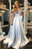 A-Line Off-the-Shoulder Light Blue Split Prom Dress with Flowers Pockets HZ0527